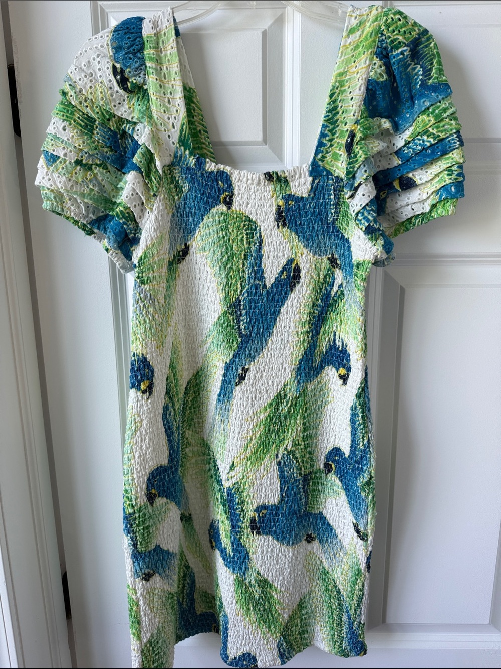 Smocked Parrot-Print Puff Sleeve Casual Dress - Blue & Green